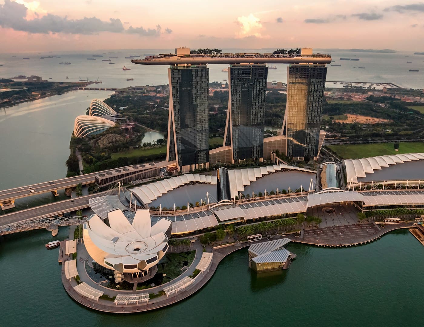 Singapore skyline over the bay at dusk